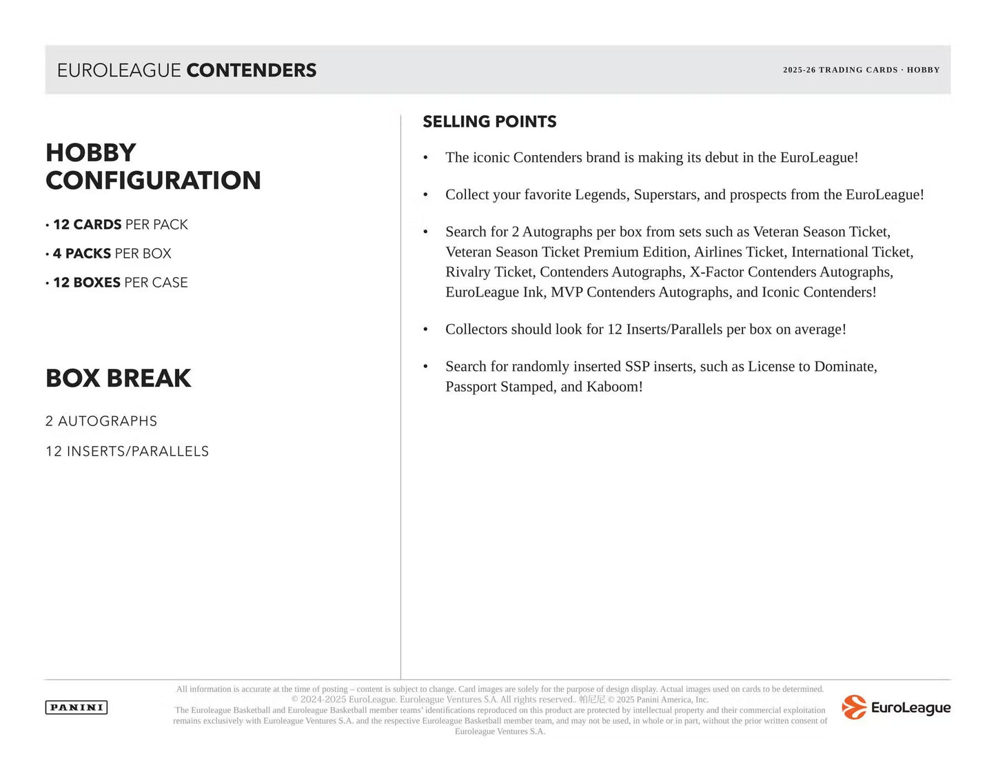 2025/26 Panini Contenders EuroLeague Basketball Hobby Box (Case)