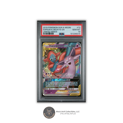PSA 10 | 2019 POKEMON SUN & MOON UNIFIED MINDS #72 ESPEON & DEOXYS GX Black Wolf Collectibles LLC PSA 10 | 2019 POKEMON SUN & MOON UNIFIED MINDS #72 ESPEON & DEOXYS GX Black Wolf Collectibles LLC